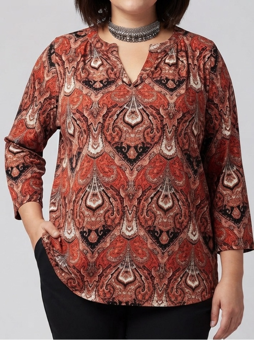 ROZ & ALI Orange Blouse Large Stretch